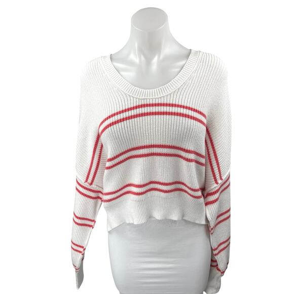 Aerie Beyond White Red Striped Long Sleeve Oversized Cropped Sweater Top Size S - Picture 1 of 4